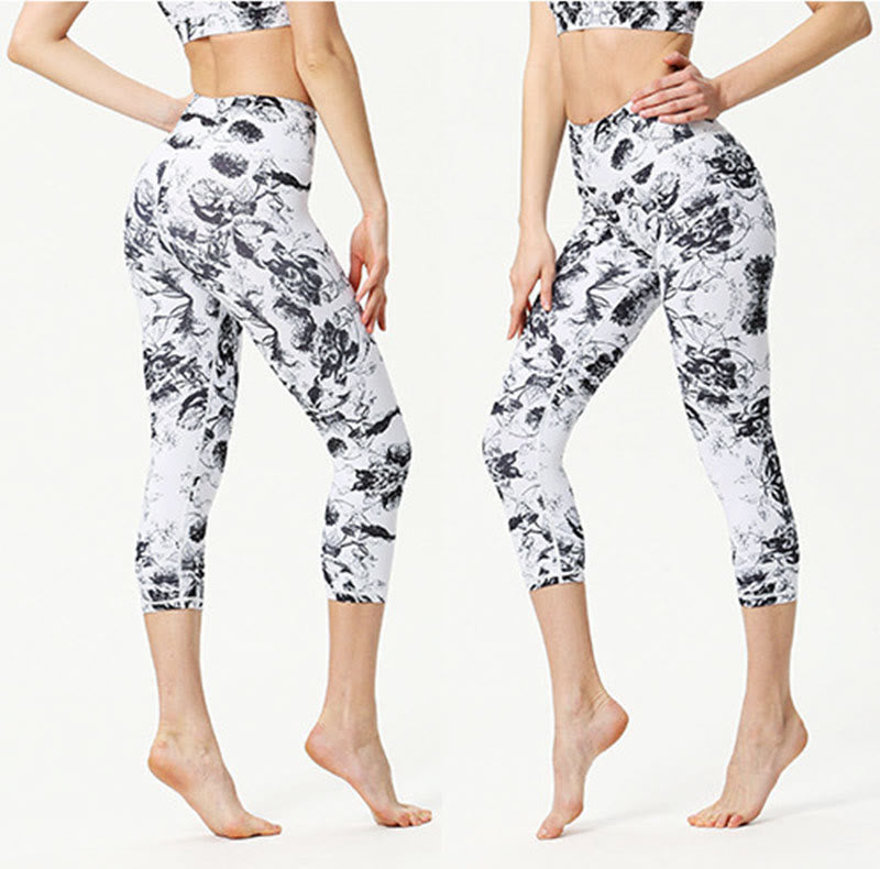 Mythstone Leaves Butterfly Print Sports Yoga Cropped Leggings Women's Yoga Capri Pants