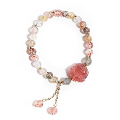 Mythstone Natural Strawberry Quartz Cat Paw Claw Colorful Rutilated Quartz Moonstone Love Bracelet