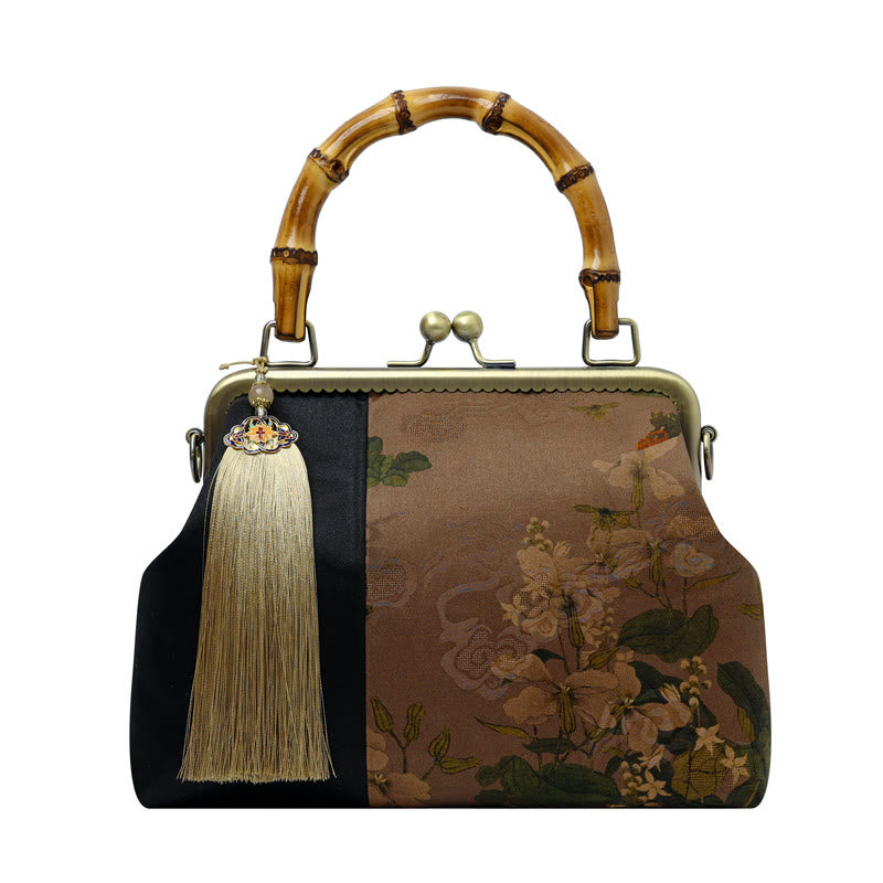 Mythstone Leaves Bird Branches Persimmon Flowers Bamboo Handles Handbag