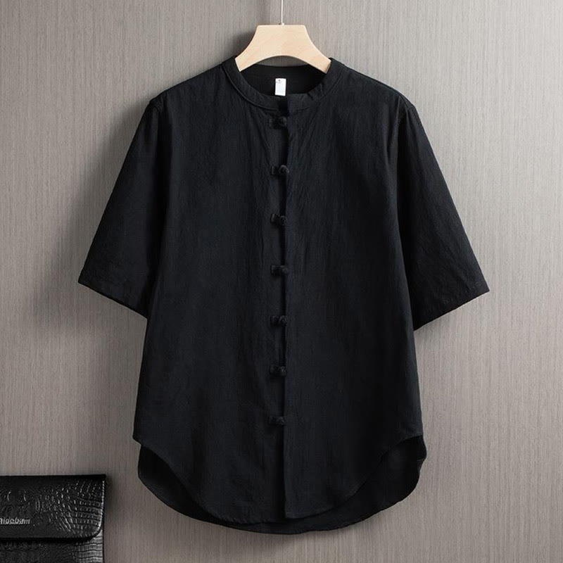 Mythstone Frog-Button Plain Chinese Tang Suit Short Sleeve Shirt Cotton Linen Men Clothing