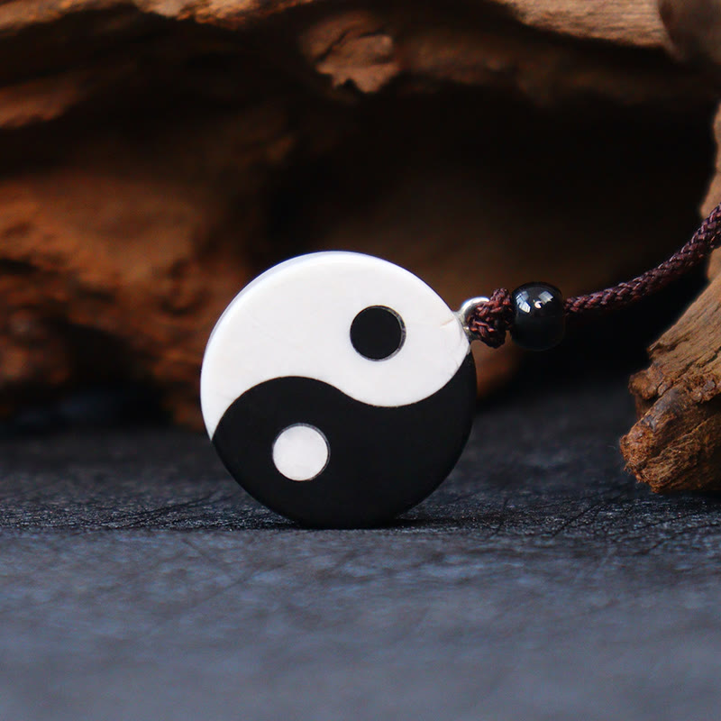 Mythstone Natural Black Obsidian White Turquoise Yin Yang Fulfilment Strength Necklace Pendant