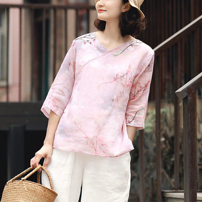 Mythstone V-Neck Pink Flower Pattern Ramie Linen Blouse Three Quarter Sleeve Shirt Top