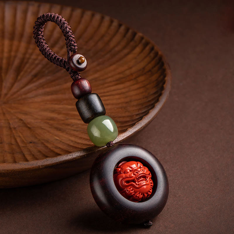 Mythstone Tibet Om Mani Padme Hum PiXiu Copper Coin Small Leaf Red Sandalwood Cinnabar Protection Key Chain