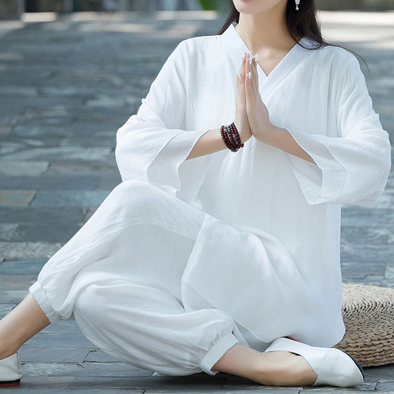 Conjunto de ropa de algodón y lino para yoga Mythstone, uniforme para práctica de meditación y zen para mujer