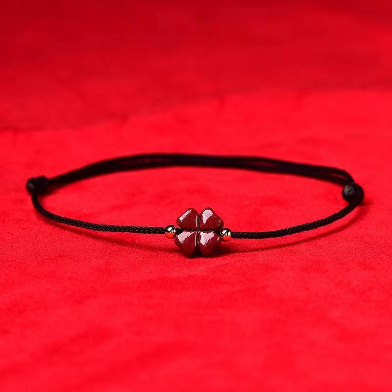 Mythstone Natural Cinnabar Four Leaf Clover Blessing Red String Bracelet Anklet