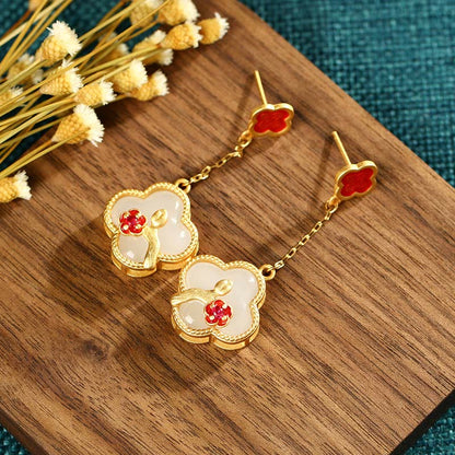 Mythstone 24K Gold Plated White Jade Four Leaf Clover Plum Blossom Luck Necklace Pendant Earrings