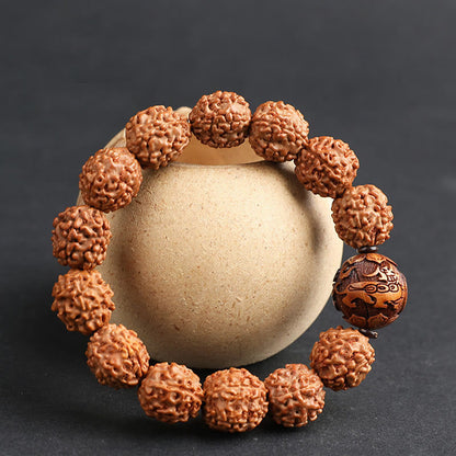 Pulsera de la suerte y la riqueza con moneda de cobre PiXiu y semilla de Bodhi de Rudraksha del Tíbet