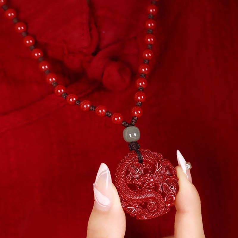 Mythstone Year Of The Dragon Natural Cinnabar Hetian Jade Bead Copper Coin Attract Wealth Strength Necklace Pendant