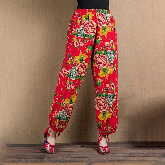 Mythstone Ethnic Style Red Green Flowers Print Harem Pants With Pockets