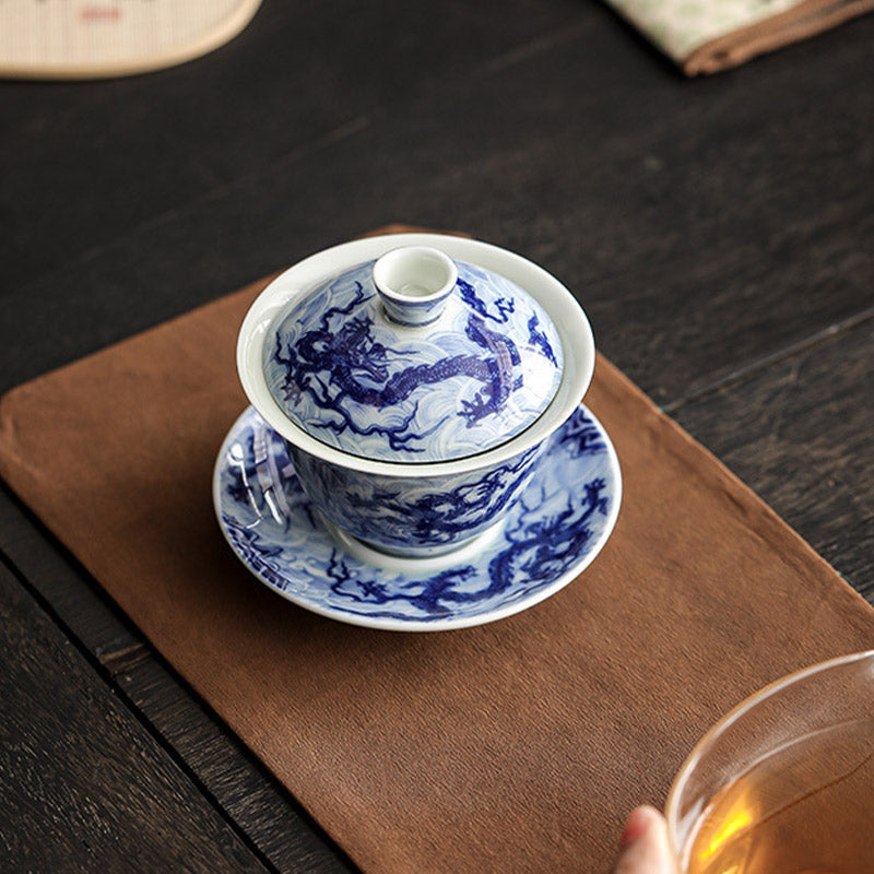 Mythstone Blue and White Dragon Pattern Porcelain Gaiwan Sancai Teacup Kung Fu Tea Cup And Saucer With Lid