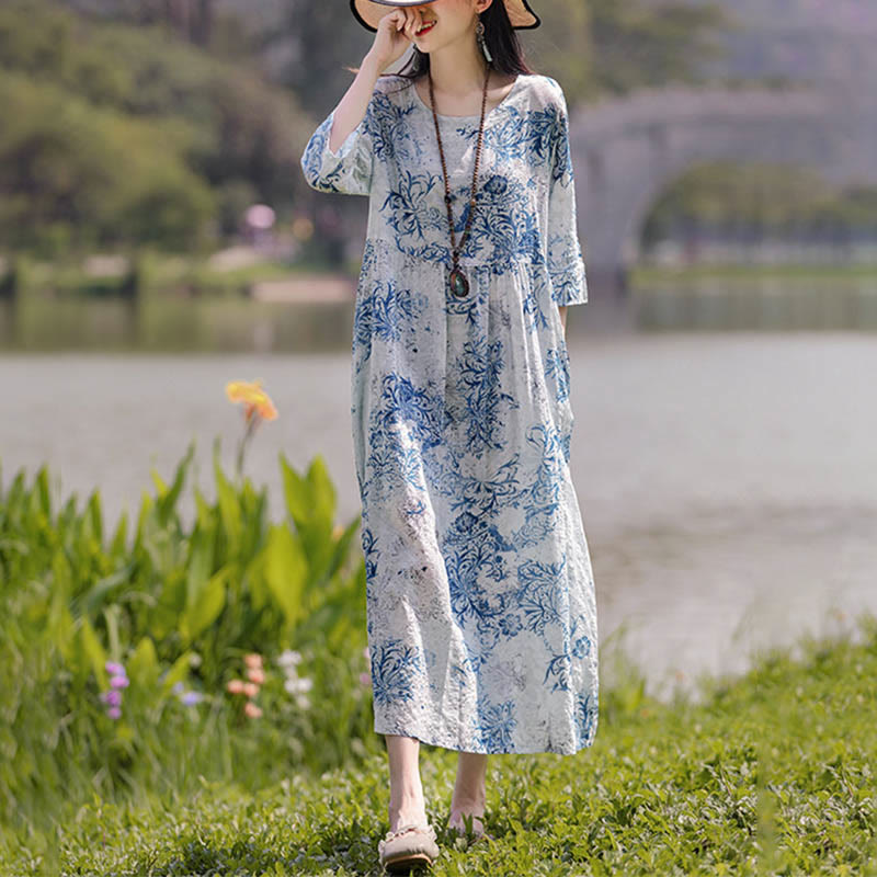 Mythstone Flowers Print Midi Dress Tunic Dress With Pockets