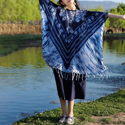 Mythstone Blue Striped Floral Indigo Dyeing Shawl Tassels Cozy Pullover 90*95cm