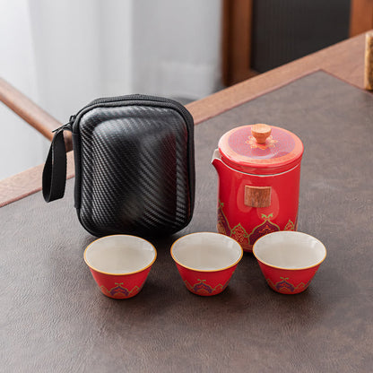 Mythstone Flower Chinese Gongfu Ceramic Teapot Portable Outdoor Travel Tea Set Bag