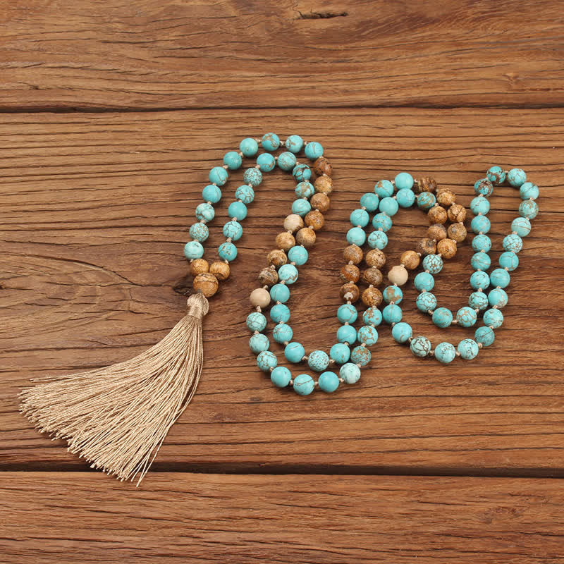 Mythstone 108 Mala Beads Turquoise Picture Jasper Wisdom Tassel Bracelet