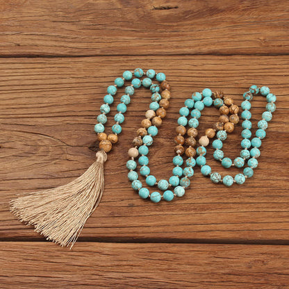 Mythstone 108 Mala Beads Turquoise Picture Jasper Wisdom Tassel Bracelet