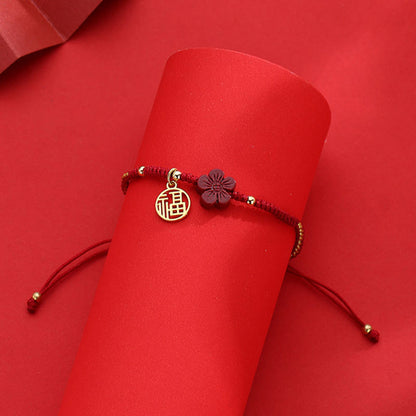 Mythstone Cinnabar Flower Fu Character Blessing Braided String Bracelet