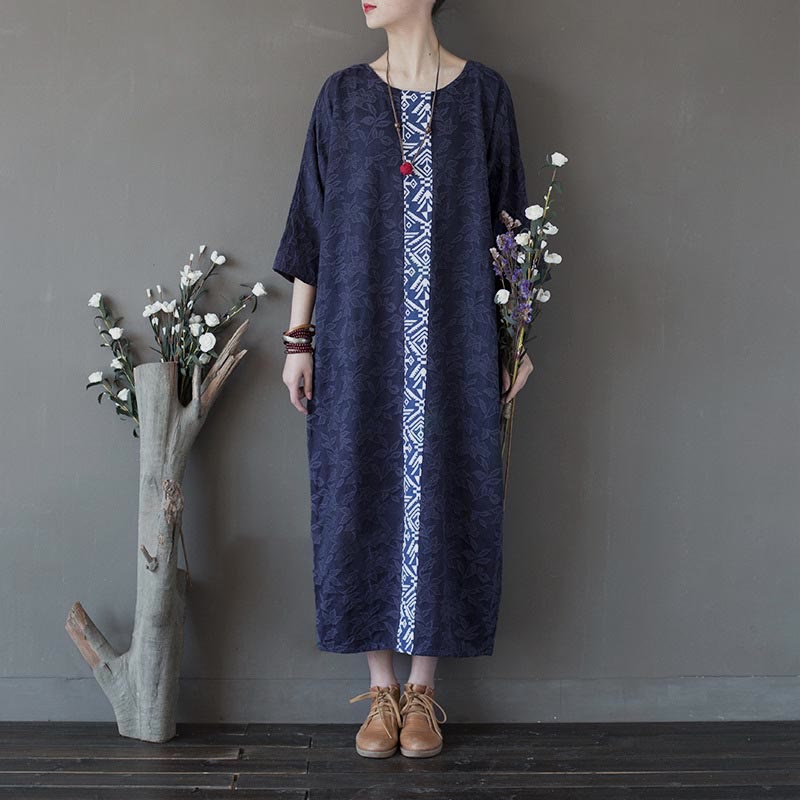 Mythstone Blue Flowers Embroidery Jacquard Midi Dress Three Quarter Sleeve Cotton Dress With Pockets