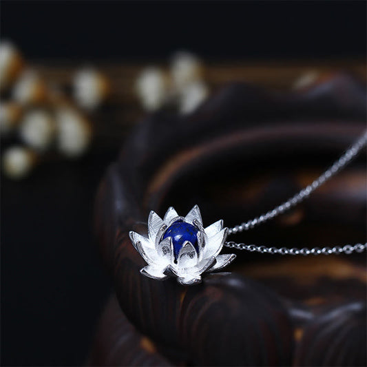 Mythstone 925 Sterling Silver Lazurite Lotus Flower Self Care Necklace Pendant