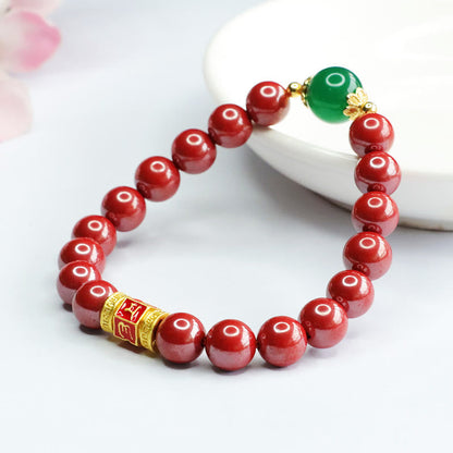 Mythstone Natural Cinnabar Green Agate Om Mani Padme Hum Pattern Blessing Bracelet