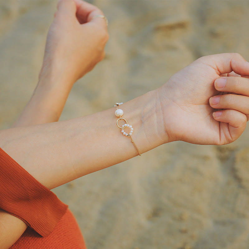 Mythstone 14K Gold Plated Pearl Double Peace Buckle Healing Chain Bracelet