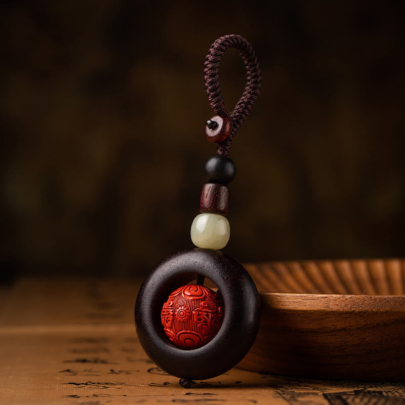 Mythstone Tibet Om Mani Padme Hum PiXiu Copper Coin Small Leaf Red Sandalwood Cinnabar Protection Key Chain