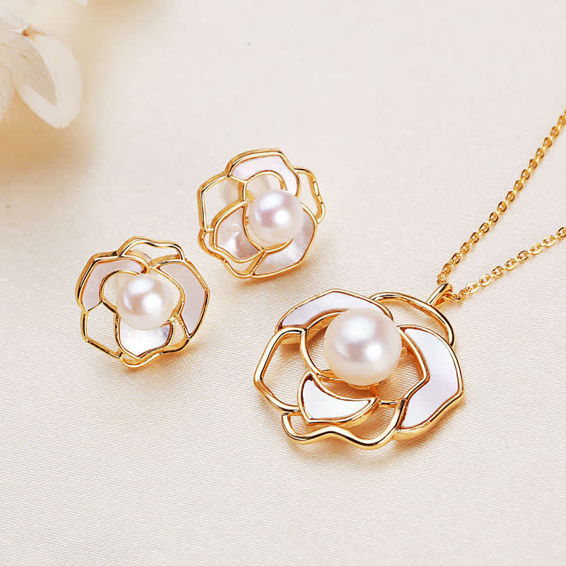 Mythstone 925 Sterling Silver Pearl Camellia Pattern Happiness Necklace Pendant Earrings