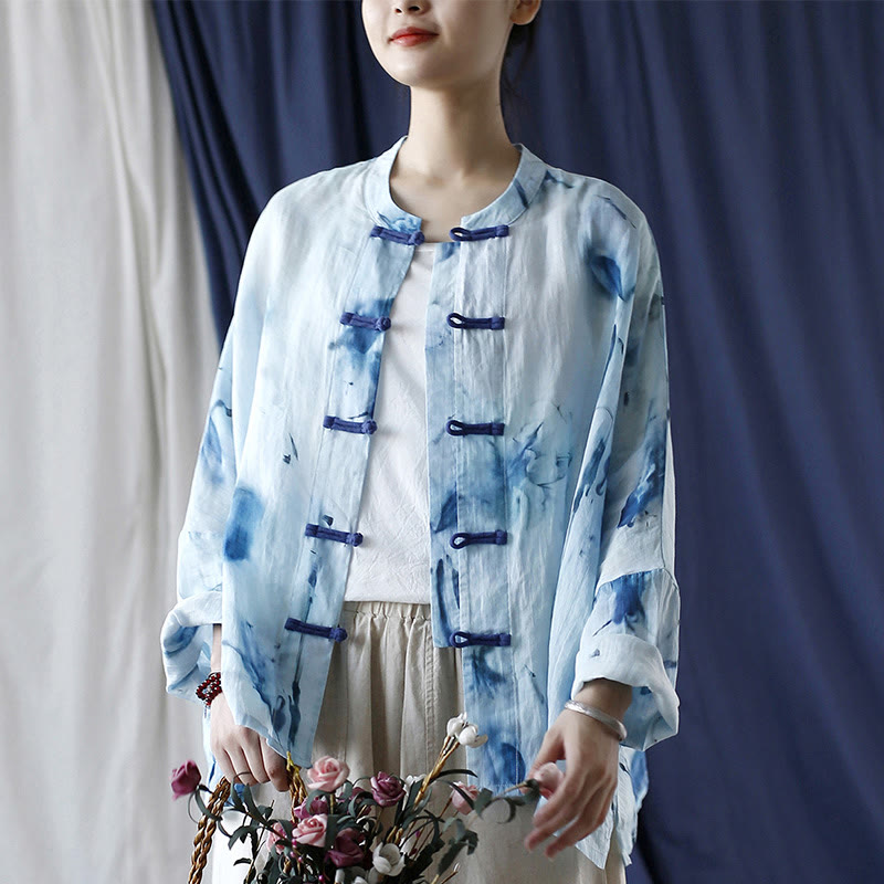 Mythstone Tie Dye Blue Flowers Frog-Button Design Long Sleeve Ramie Linen Jacket Shirt