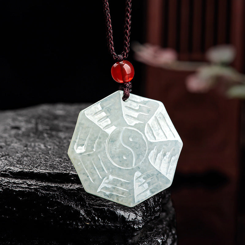 Mythstone Natural Jade Bagua Yin Yang Luck Necklace Pendant