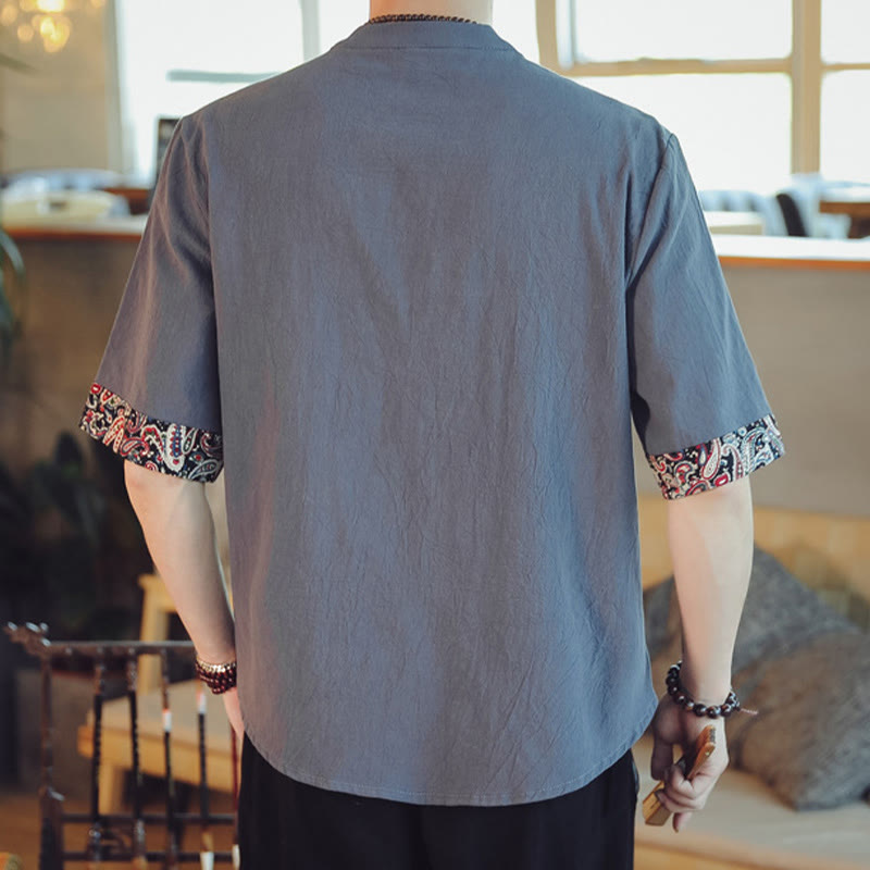 Mythstone Frog-Button Dragon Embroidery Chinese Tang Suit Short Sleeve Shirt Linen Men Clothing