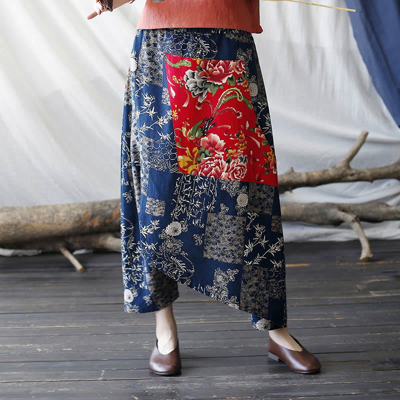 Pantalones harén de lino y algodón con bolsillos, diseño de peonías rojas, bambú azul y crisantemo, patchwork 