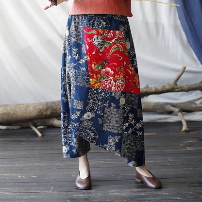 Pantalones harén de lino y algodón con bolsillos, diseño de peonías rojas, bambú azul y crisantemo, patchwork 