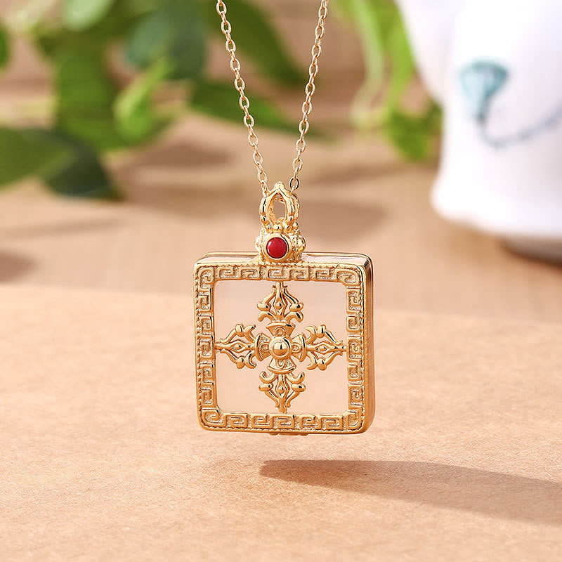 Mythstone 24K Gold Plated White Jade Double Dorje Protection Luck Necklace Pendant