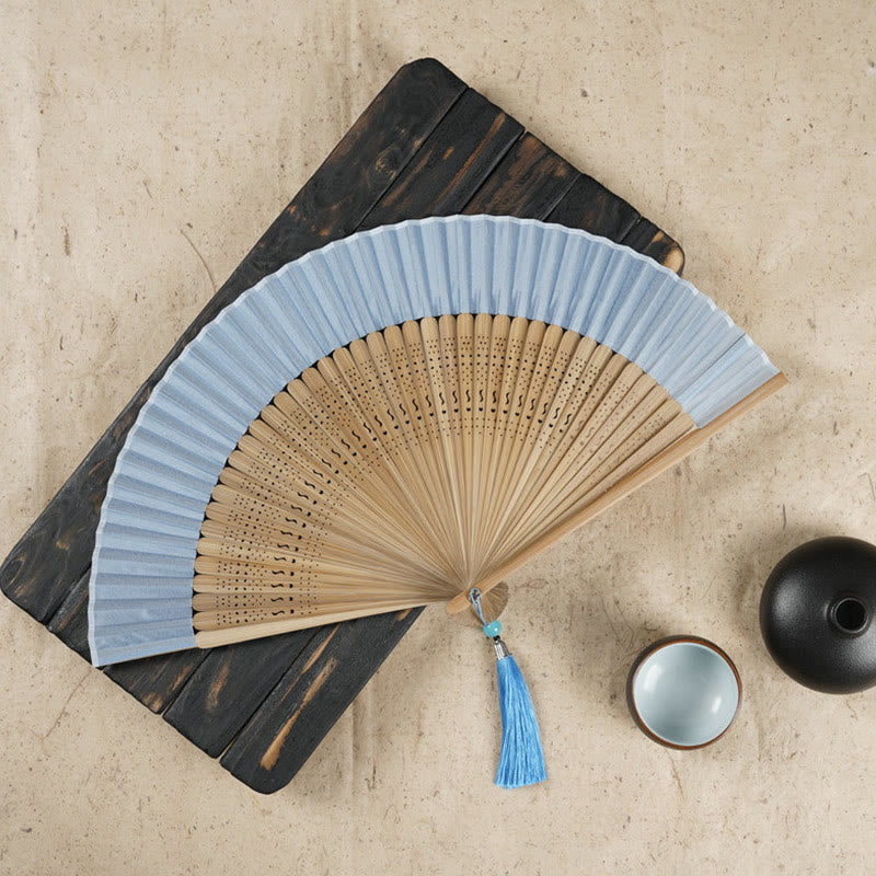 Mythstone Simple Cherry Flower Hollow Engraved Handheld Bamboo Folding Fan