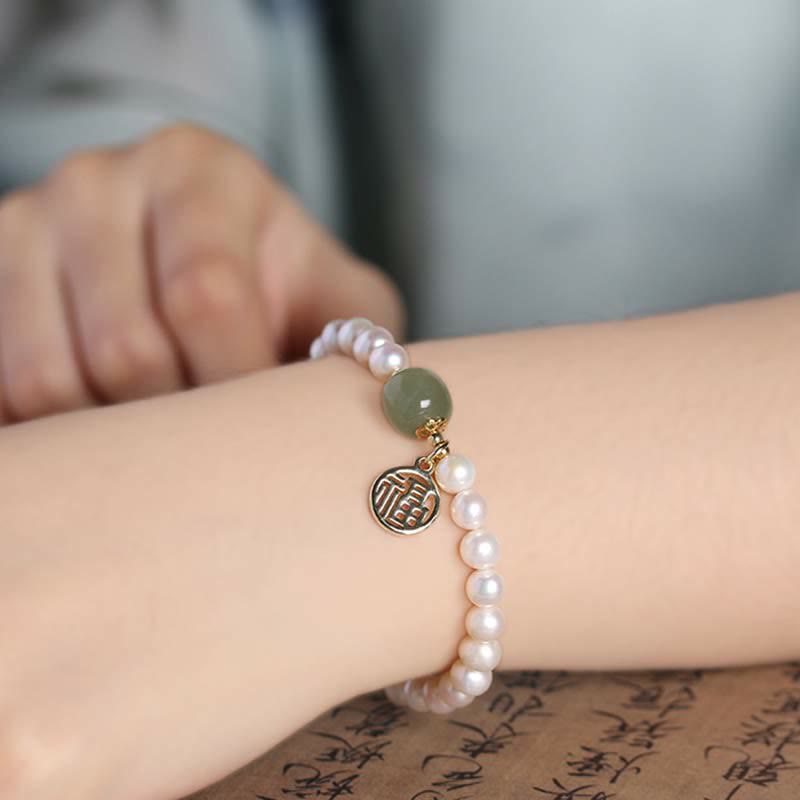 Mythstone Natural Pearl Hetian Jade Happiness Healing Bead Bracelet