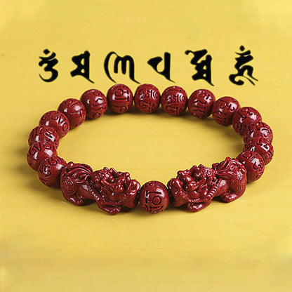 Mythstone Natural Double PiXiu Cinnabar Om Mani Padme Hum Wealth Luck Bead Bracelet