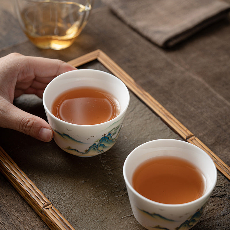 Mythstone Lotus Flower Leaf Mountain Pavilion Elk Peony Ceramic Teacup Kung Fu Tea Cup