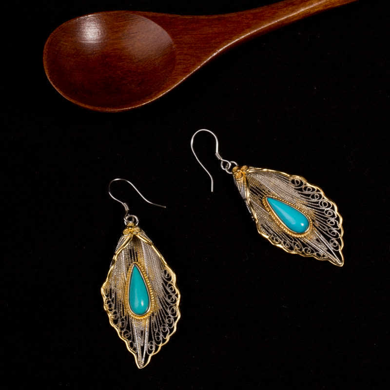 Mythstone 925 Sterling Silver Turquoise Bodhi Leaf Pattern Protection Drop Dangle Earrings