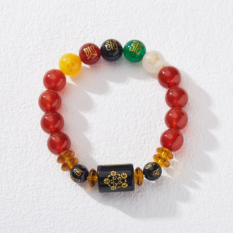 Pulsera de la sabiduría y la riqueza con ágata roja y ónix negro de cinco elementos Mythstone