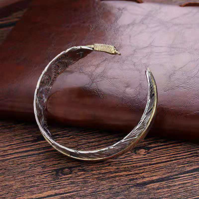 MythStone Feather Pattern Carved Luck Wealth Cuff Bracelet Bangle