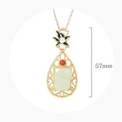 Mythstone Vintage Flower Jade Plated Gold Prosperity Necklace Pendant