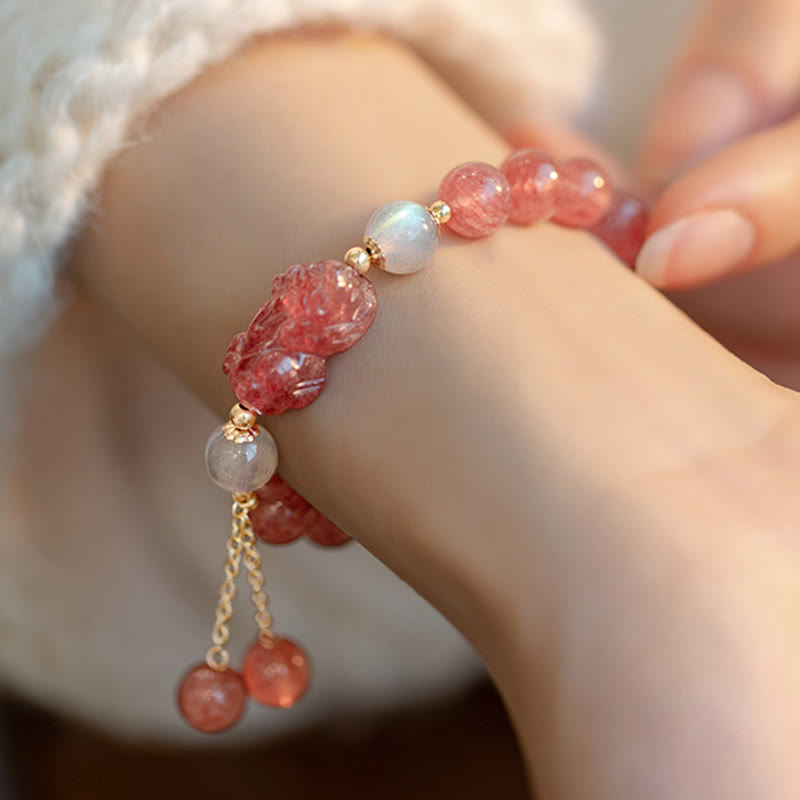 Mythstone Natural Strawberry Quartz Moonstone PiXiu Love Healing Bracelet