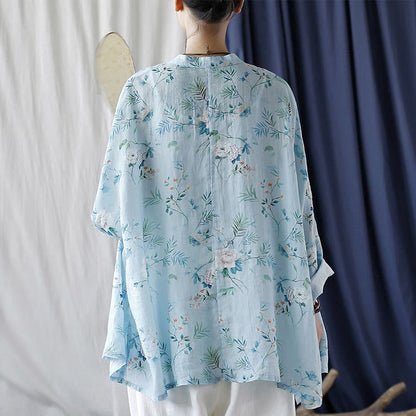 Mythstone Light Green Pink Flowers Green Leaves Frog-Button Long Sleeve Ramie Linen Jacket Shirt