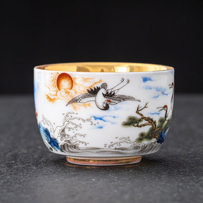 Mythstone Dragon Phoenix Crane Sun Ocean Waves Gilt Ceramic Teacup Kung Fu Tea Cup 170ml