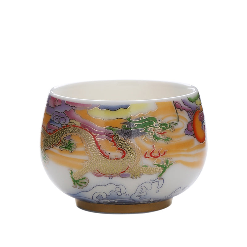 Mythstone Dragon Phoenix Auspicious Clouds Sun Ocean Waves Ceramic Teacup Kung Fu Tea Cup