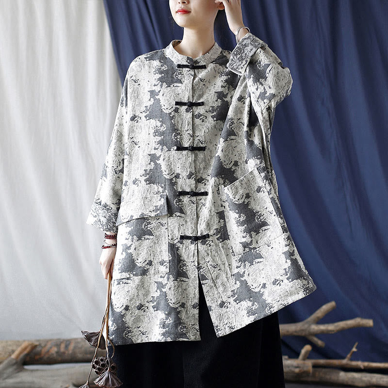 Mythstone Black Gray Beige Print Frog-button Design Long Sleeve Cotton Linen Jacket Shirt With Pockets