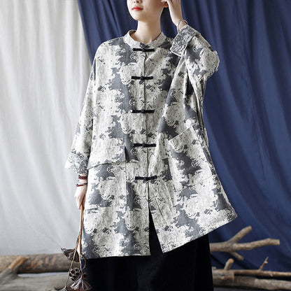 Mythstone Black Gray Beige Print Frog-button Design Long Sleeve Cotton Linen Jacket Shirt With Pockets