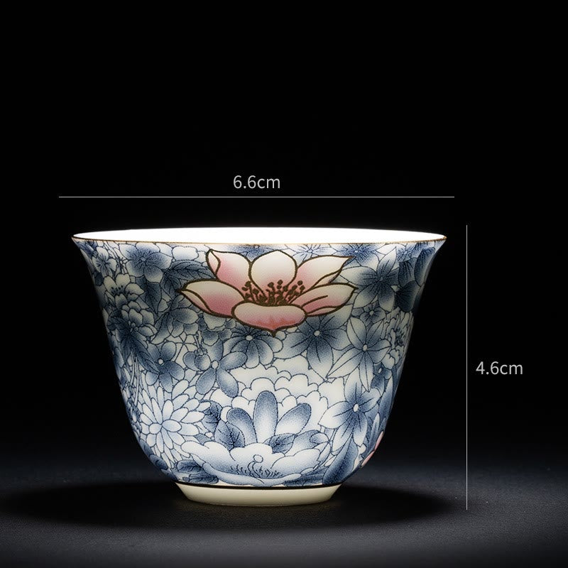 Mythstone Colorful Flowers Orchid Sea Waves Blue and White Porcelain Ceramic Teacup Kung Fu Tea Cup