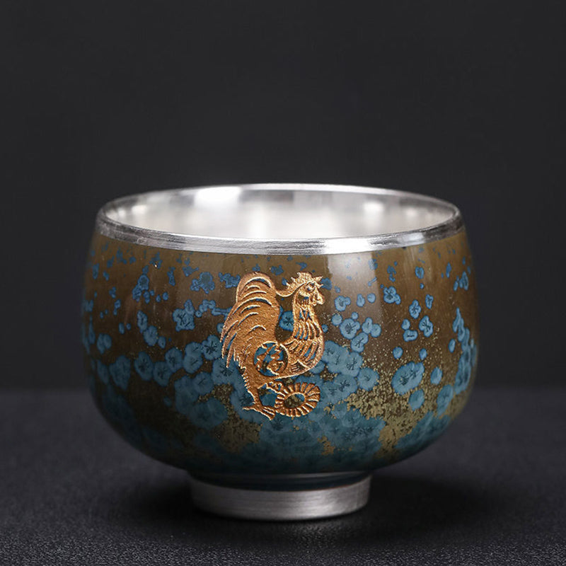 Mythstone 999 Gilt Silver Gilt Chinese Zodiac Ceramic Teacup Kung Fu Tea Cup 160ml