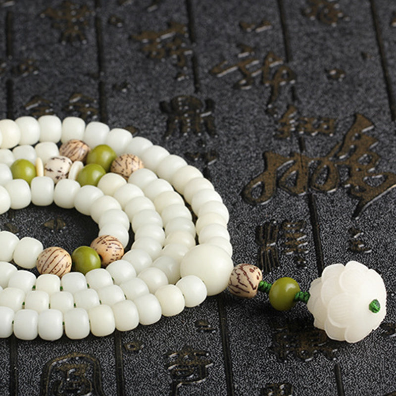 Mythstone White Jade Bodhi Lotus Mala Harmony Necklace Bracelet