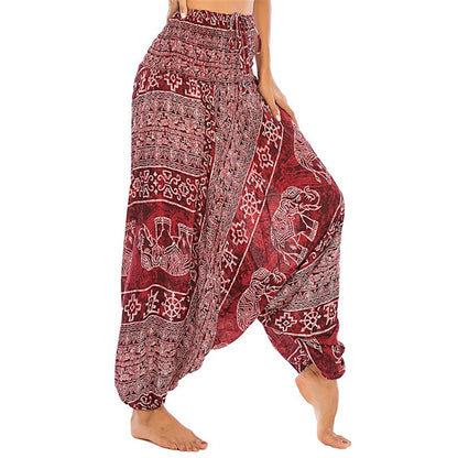 Mythstone Two Style Wear Elephant Pattern Loose Smocked Harem Trousers Jumpsuit Women's Yoga Pants